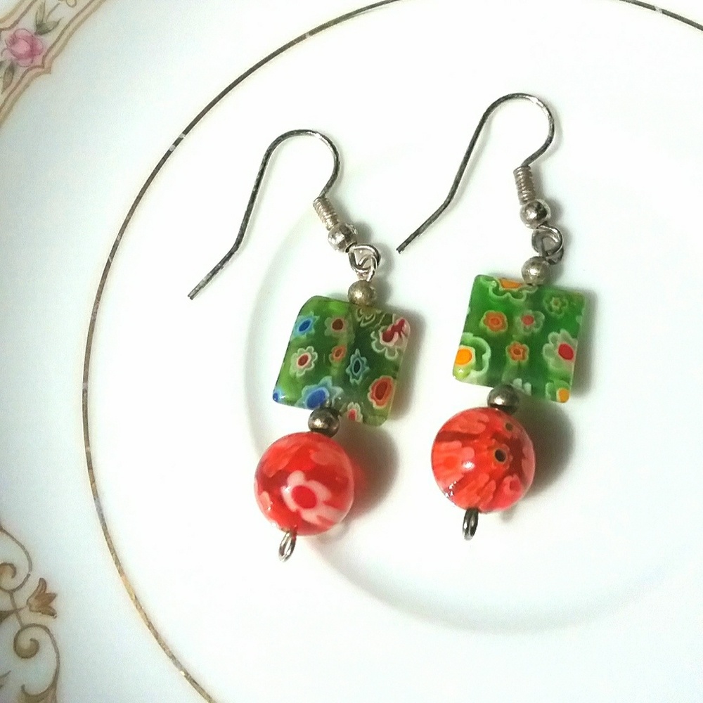 Vtg Millefiori Italian Glass Bead Earrings
